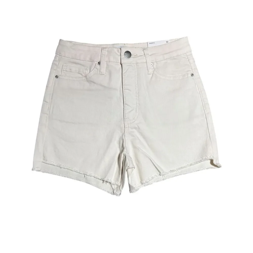 RFM Ivory High Rise Denim Shorts Tummy Control Frayed Step Hem Stretch Med NWT - Picture 10 of 11